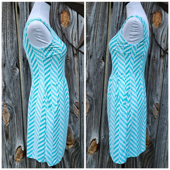 Blue Chevron Stripe Dress Jude Connally MaryPat Sz XS Sleeveless Pockets Stretch - Picture 2 of 8